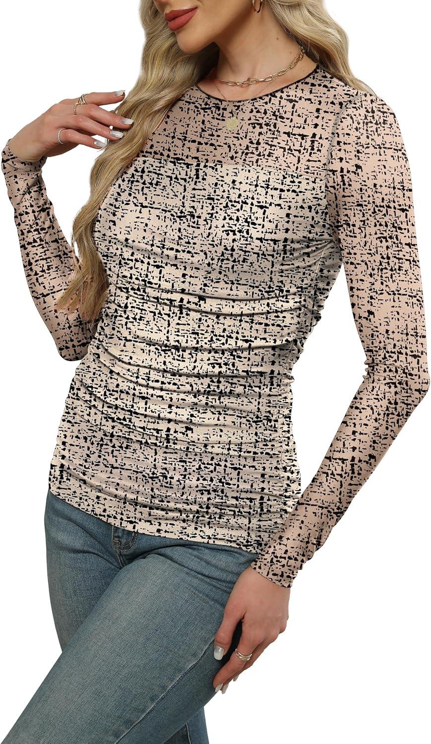 imageXIEERDUO Womens Sexy Sheer Long Sleeve Tops Crew Neck Mesh Ruched Going Out Shirts Blouse Date Night OutfitsZ Print Beige