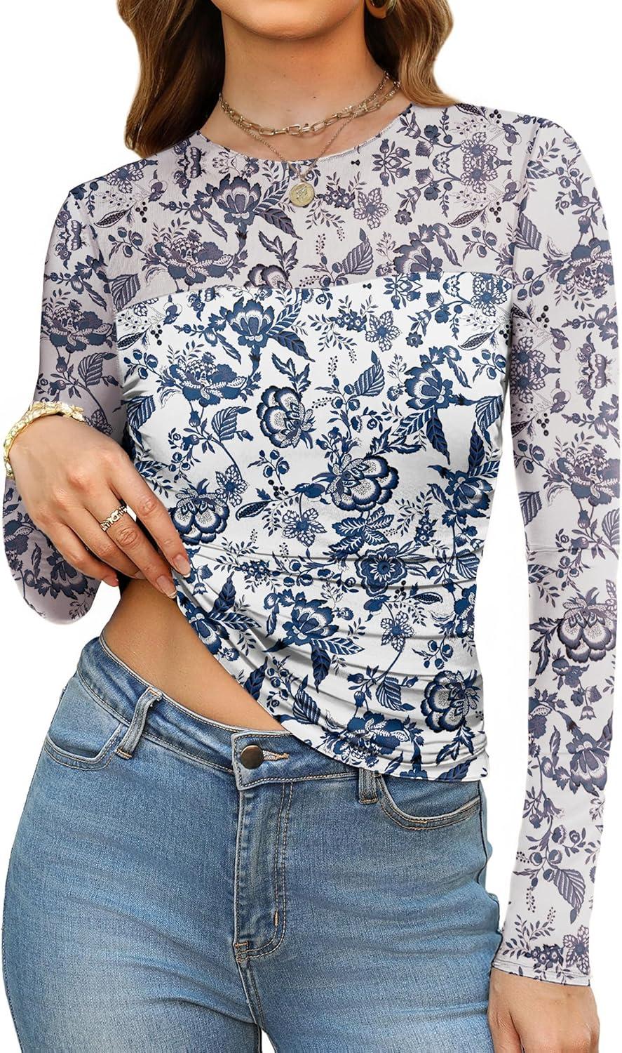 imageXIEERDUO Womens Sexy Sheer Long Sleeve Tops Crew Neck Mesh Ruched Going Out Shirts Blouse Date Night OutfitsZ Print Blue