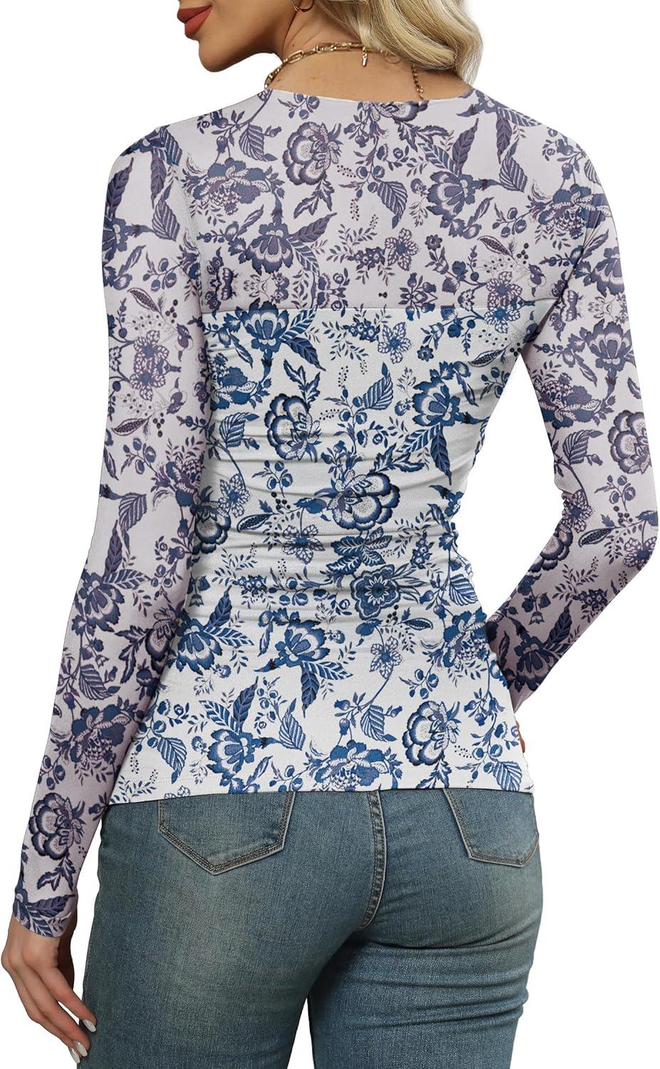 imageXIEERDUO Womens Sexy Sheer Long Sleeve Tops Crew Neck Mesh Ruched Going Out Shirts Blouse Date Night OutfitsZ Print Blue