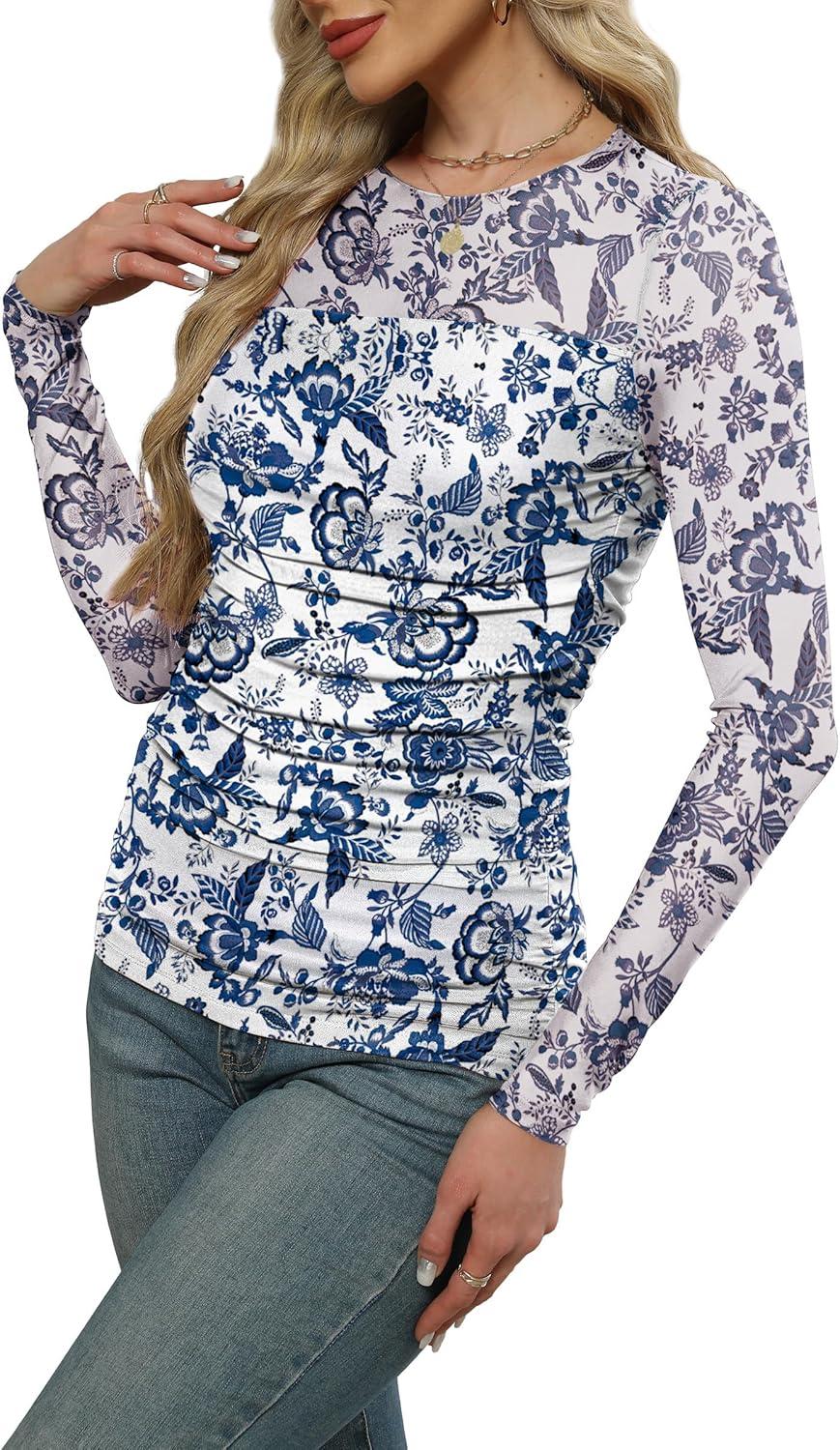 imageXIEERDUO Womens Sexy Sheer Long Sleeve Tops Crew Neck Mesh Ruched Going Out Shirts Blouse Date Night OutfitsZ Print Blue