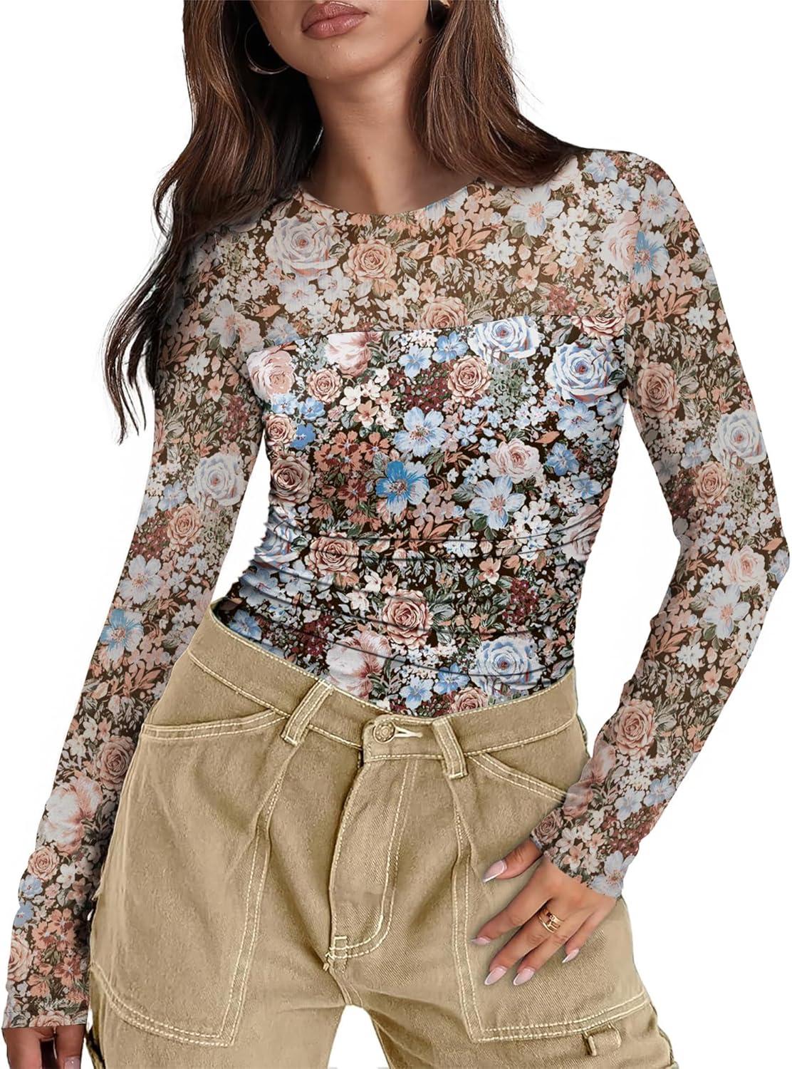 imageXIEERDUO Womens Sexy Sheer Long Sleeve Tops Crew Neck Mesh Ruched Going Out Shirts Blouse Date Night OutfitsZ Print Floral