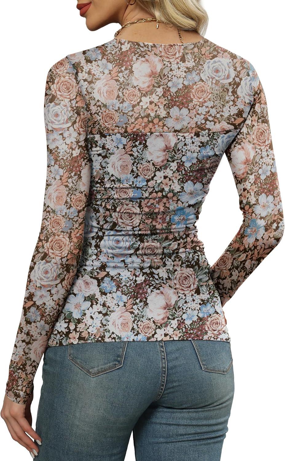 imageXIEERDUO Womens Sexy Sheer Long Sleeve Tops Crew Neck Mesh Ruched Going Out Shirts Blouse Date Night OutfitsZ Print Floral