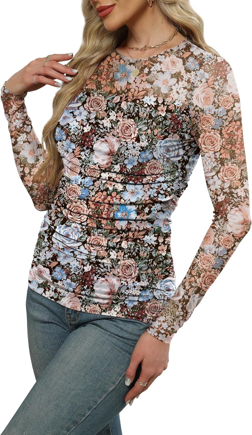 imageXIEERDUO Womens Sexy Sheer Long Sleeve Tops Crew Neck Mesh Ruched Going Out Shirts Blouse Date Night OutfitsZ Print Floral