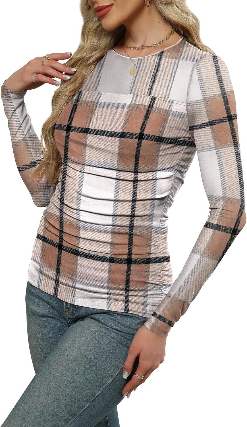 imageXIEERDUO Womens Sexy Sheer Long Sleeve Tops Crew Neck Mesh Ruched Going Out Shirts Blouse Date Night OutfitsZ Print Plaid