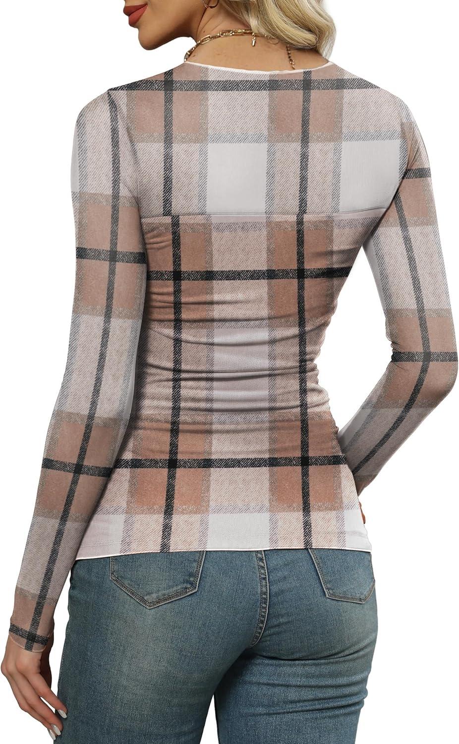 imageXIEERDUO Womens Sexy Sheer Long Sleeve Tops Crew Neck Mesh Ruched Going Out Shirts Blouse Date Night OutfitsZ Print Plaid