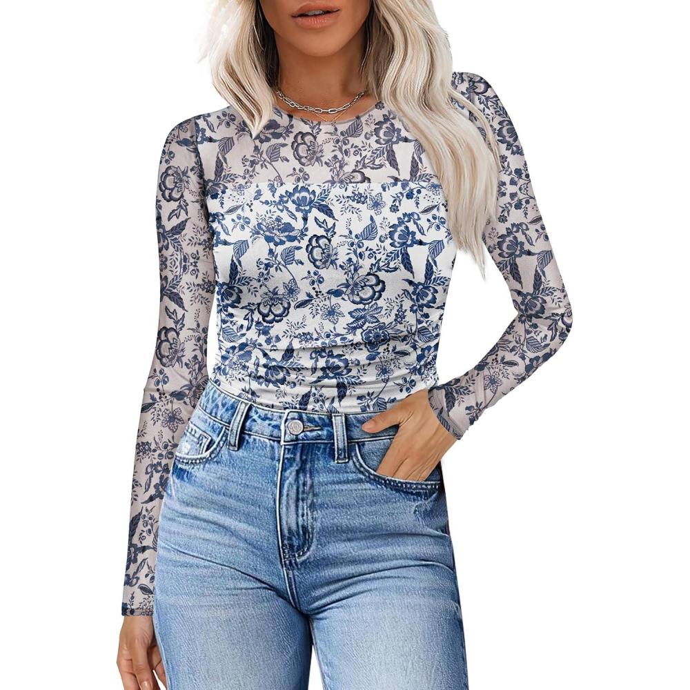 imageXIEERDUO Womens Sexy Sheer Long Sleeve Tops Crew Neck Mesh Ruched Going Out Shirts Blouse Date Night OutfitsZ Print Blue