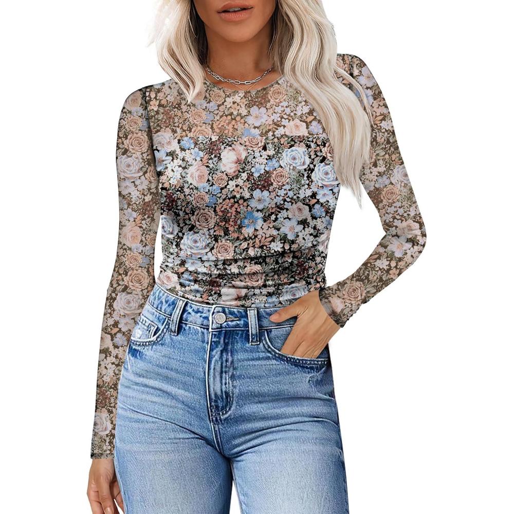 imageXIEERDUO Womens Sexy Sheer Long Sleeve Tops Crew Neck Mesh Ruched Going Out Shirts Blouse Date Night OutfitsZ Print Floral