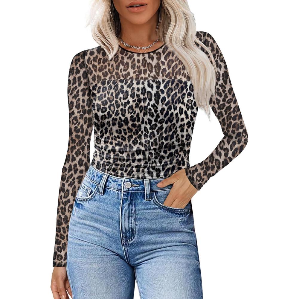 imageXIEERDUO Womens Sexy Sheer Long Sleeve Tops Crew Neck Mesh Ruched Going Out Shirts Blouse Date Night OutfitsZ Print Leopard