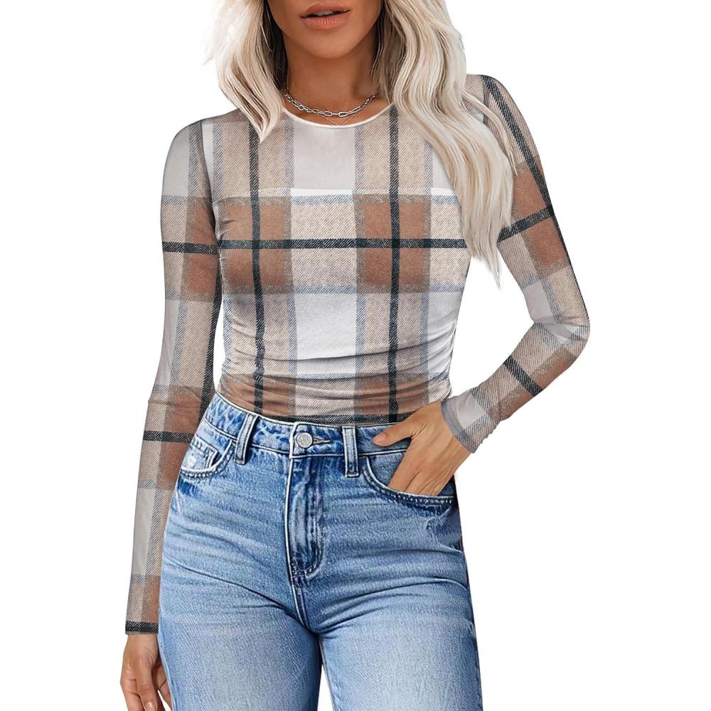 imageXIEERDUO Womens Sexy Sheer Long Sleeve Tops Crew Neck Mesh Ruched Going Out Shirts Blouse Date Night OutfitsZ Print Plaid