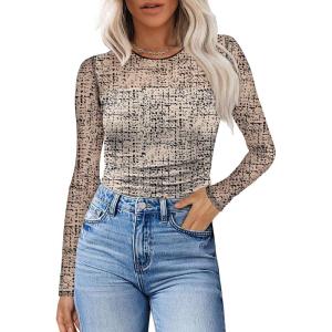 XIEERDUO Women’s Sexy Sheer Long Sleeve Tops Crew Neck Mesh Ruched Going Out Shirts Blouse Date Night Outfits(Z Print Beige)