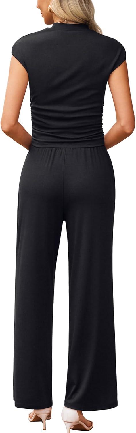 imageXIEERDUO Two Piece Lounge Sets for Women Mock Neck Cap Sleeve Tops Wide Leg Casual Pants Summer Beach Vacation Travel OutfitBlack
