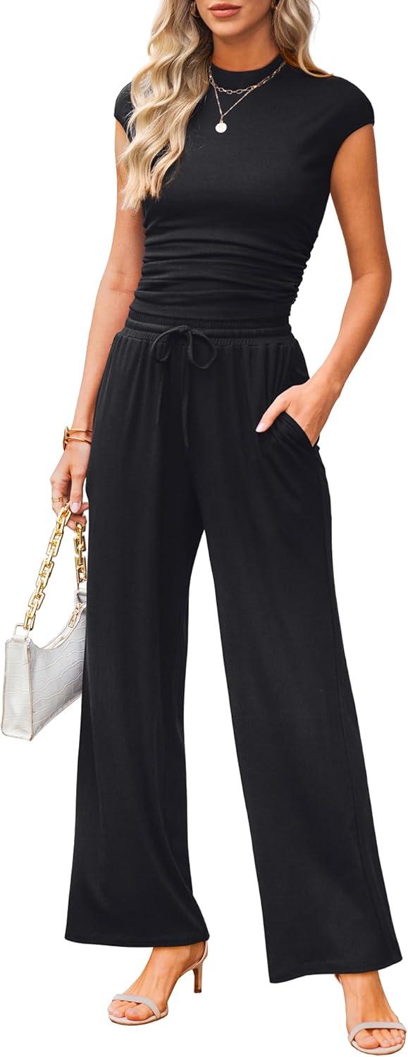 imageXIEERDUO Two Piece Lounge Sets for Women Mock Neck Cap Sleeve Tops Wide Leg Casual Pants Summer Beach Vacation Travel OutfitBlack