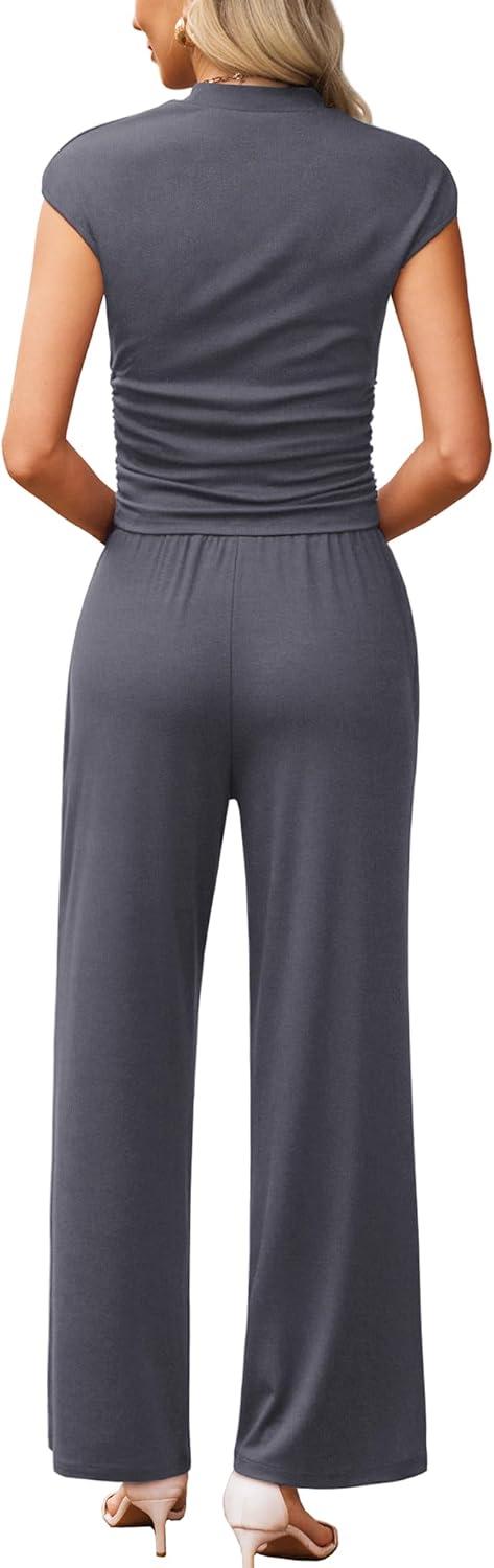 imageXIEERDUO Two Piece Lounge Sets for Women Mock Neck Cap Sleeve Tops Wide Leg Casual Pants Summer Beach Vacation Travel OutfitLight Grey