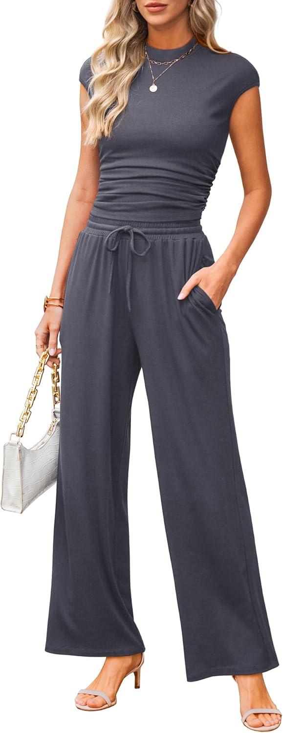 imageXIEERDUO Two Piece Lounge Sets for Women Mock Neck Cap Sleeve Tops Wide Leg Casual Pants Summer Beach Vacation Travel OutfitLight Grey