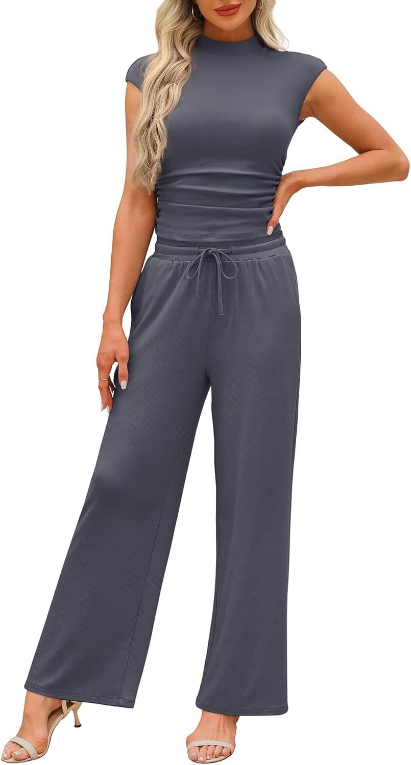 imageXIEERDUO Two Piece Lounge Sets for Women Mock Neck Cap Sleeve Tops Wide Leg Casual Pants Summer Beach Vacation Travel OutfitLight Grey