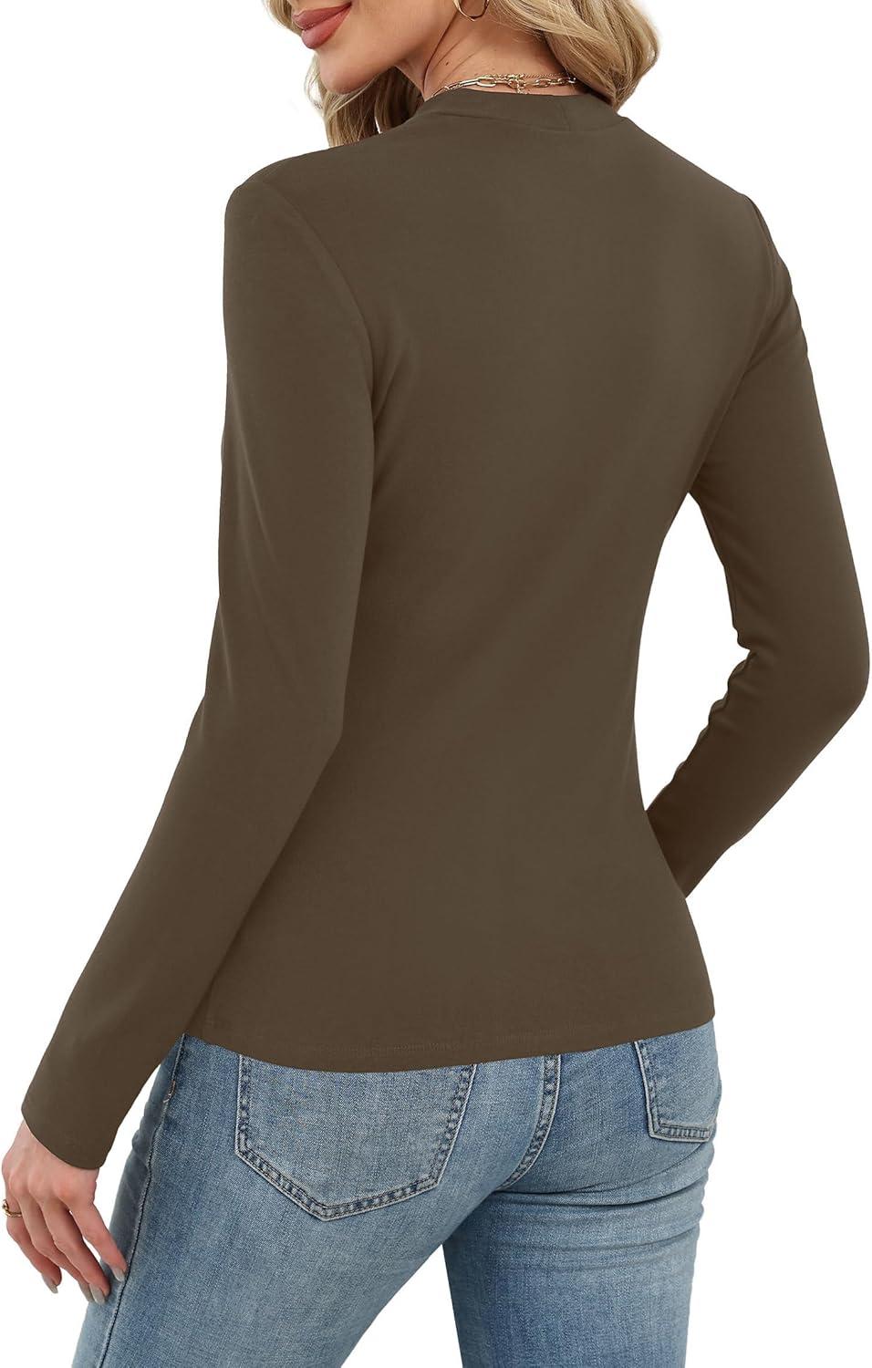 imageXIEERDUO Womens Long Sleeve Thermal Shirt Fleece Mock Neck Tops 2025 Fashion Slim FitCoffee