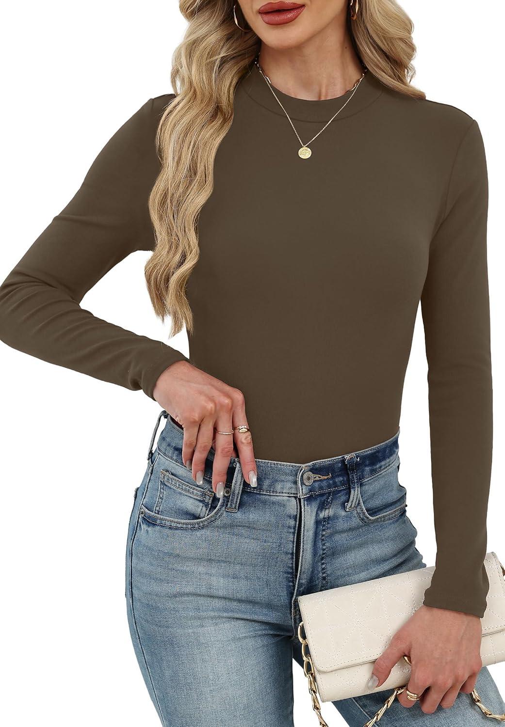imageXIEERDUO Womens Long Sleeve Thermal Shirt Fleece Mock Neck Tops 2025 Fashion Slim FitCoffee