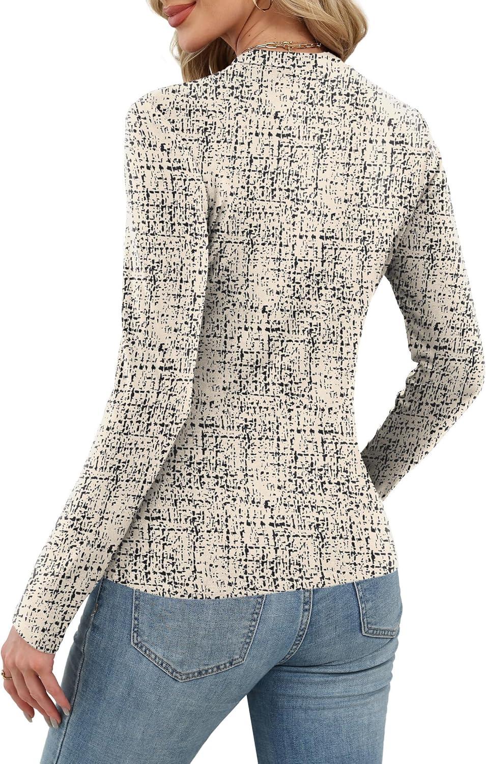 imageXIEERDUO Womens Long Sleeve Thermal Shirt Fleece Mock Neck Tops 2025 Fashion Slim FitFbeige Print