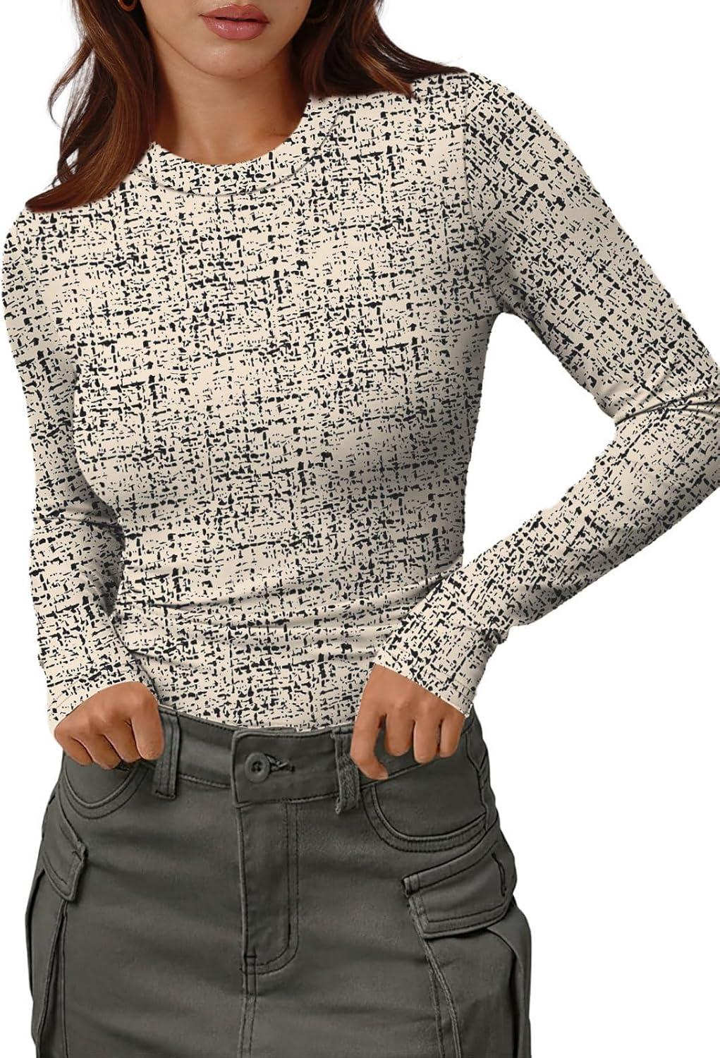 imageXIEERDUO Womens Long Sleeve Thermal Shirt Fleece Mock Neck Tops 2025 Fashion Slim FitFbeige Print