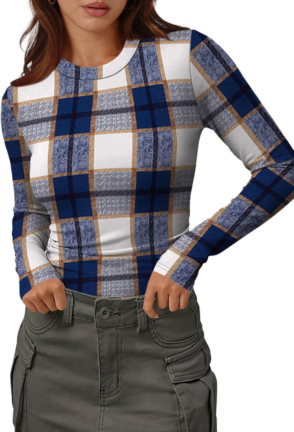 imageXIEERDUO Womens Long Sleeve Thermal Shirt Fleece Mock Neck Tops 2025 Fashion Slim FitFblue Grid