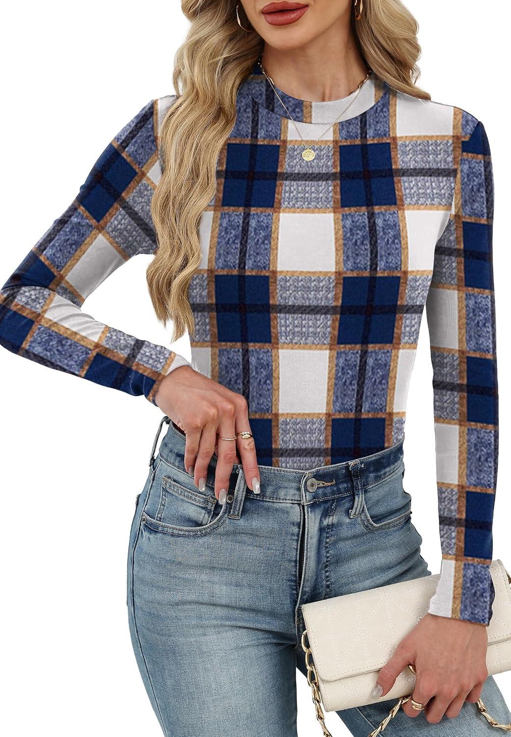 imageXIEERDUO Womens Long Sleeve Thermal Shirt Fleece Mock Neck Tops 2025 Fashion Slim FitFblue Grid