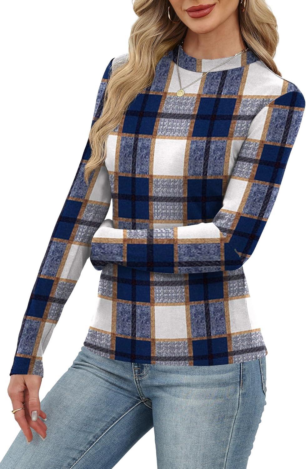 imageXIEERDUO Womens Long Sleeve Thermal Shirt Fleece Mock Neck Tops 2025 Fashion Slim FitFblue Grid