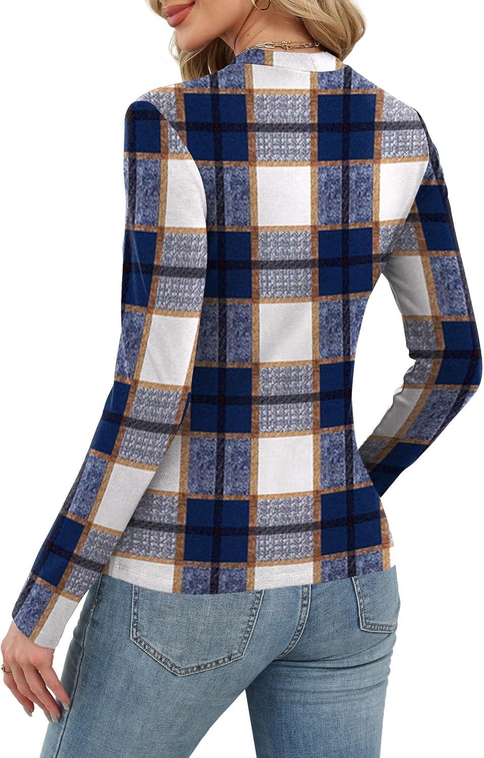 imageXIEERDUO Womens Long Sleeve Thermal Shirt Fleece Mock Neck Tops 2025 Fashion Slim FitFblue Grid