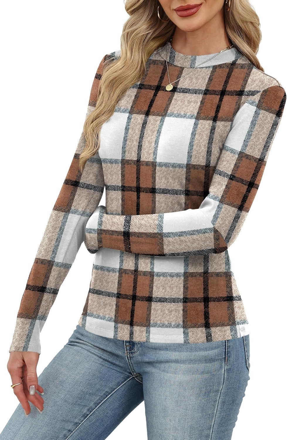 imageXIEERDUO Womens Long Sleeve Thermal Shirt Fleece Mock Neck Tops 2025 Fashion Slim FitFbrown Grid