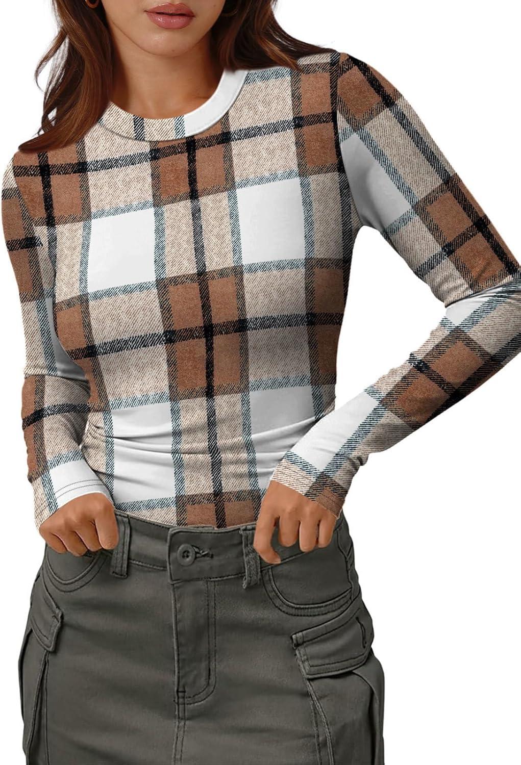 imageXIEERDUO Womens Long Sleeve Thermal Shirt Fleece Mock Neck Tops 2025 Fashion Slim FitFbrown Grid