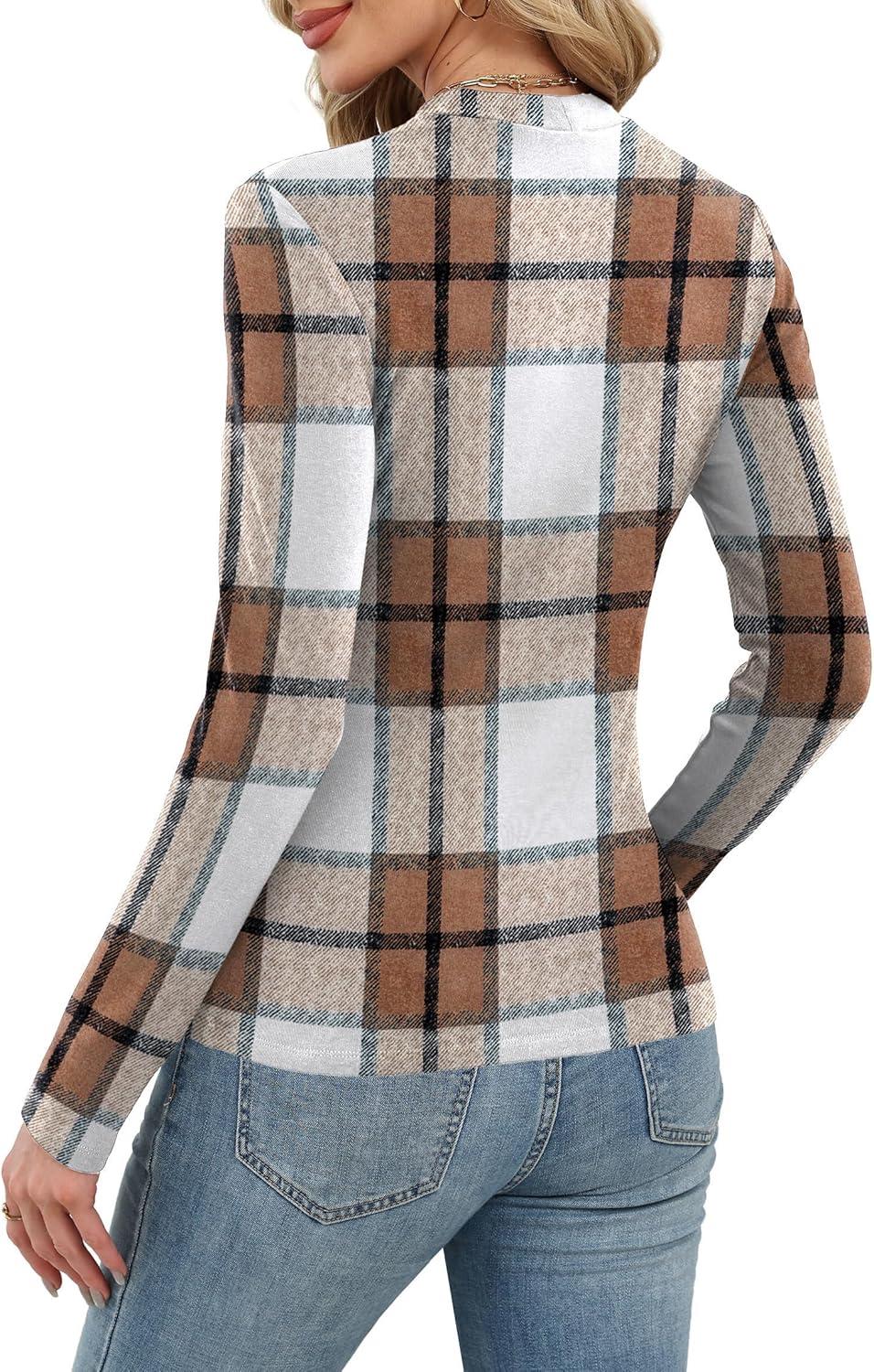 imageXIEERDUO Womens Long Sleeve Thermal Shirt Fleece Mock Neck Tops 2025 Fashion Slim FitFbrown Grid