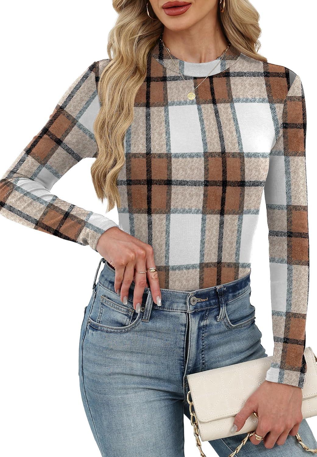 imageXIEERDUO Womens Long Sleeve Thermal Shirt Fleece Mock Neck Tops 2025 Fashion Slim FitFbrown Grid