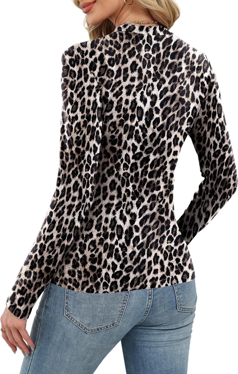 imageXIEERDUO Womens Long Sleeve Thermal Shirt Fleece Mock Neck Tops 2025 Fashion Slim FitFleopard