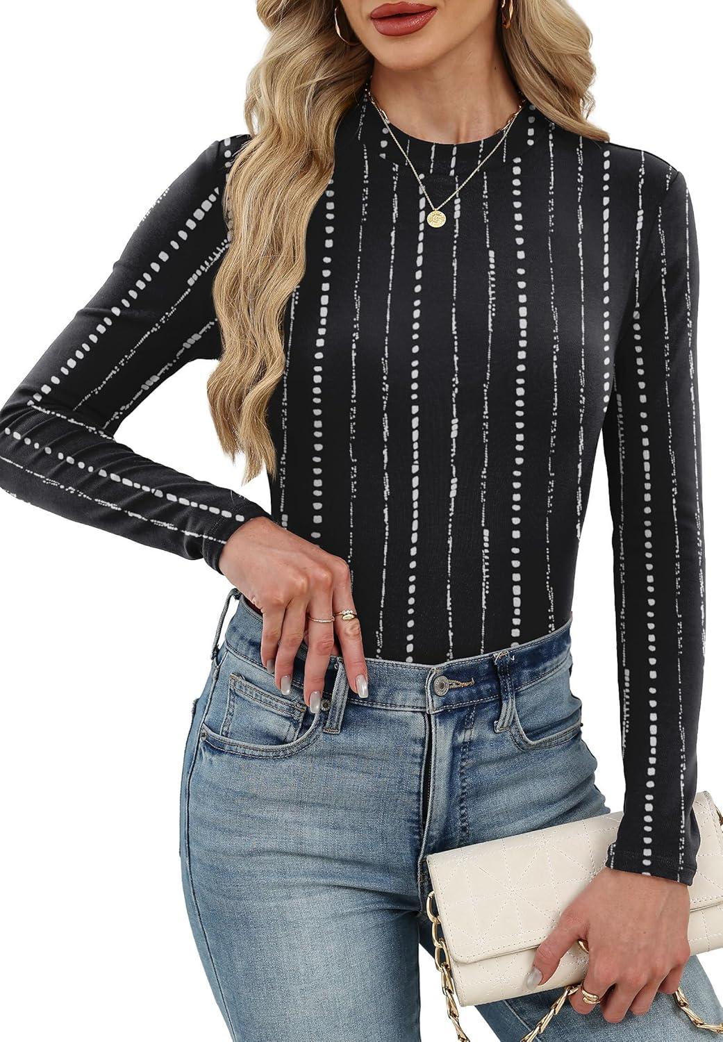 imageXIEERDUO Womens Long Sleeve Thermal Shirt Fleece Mock Neck Tops 2025 Fashion Slim FitFstripe B