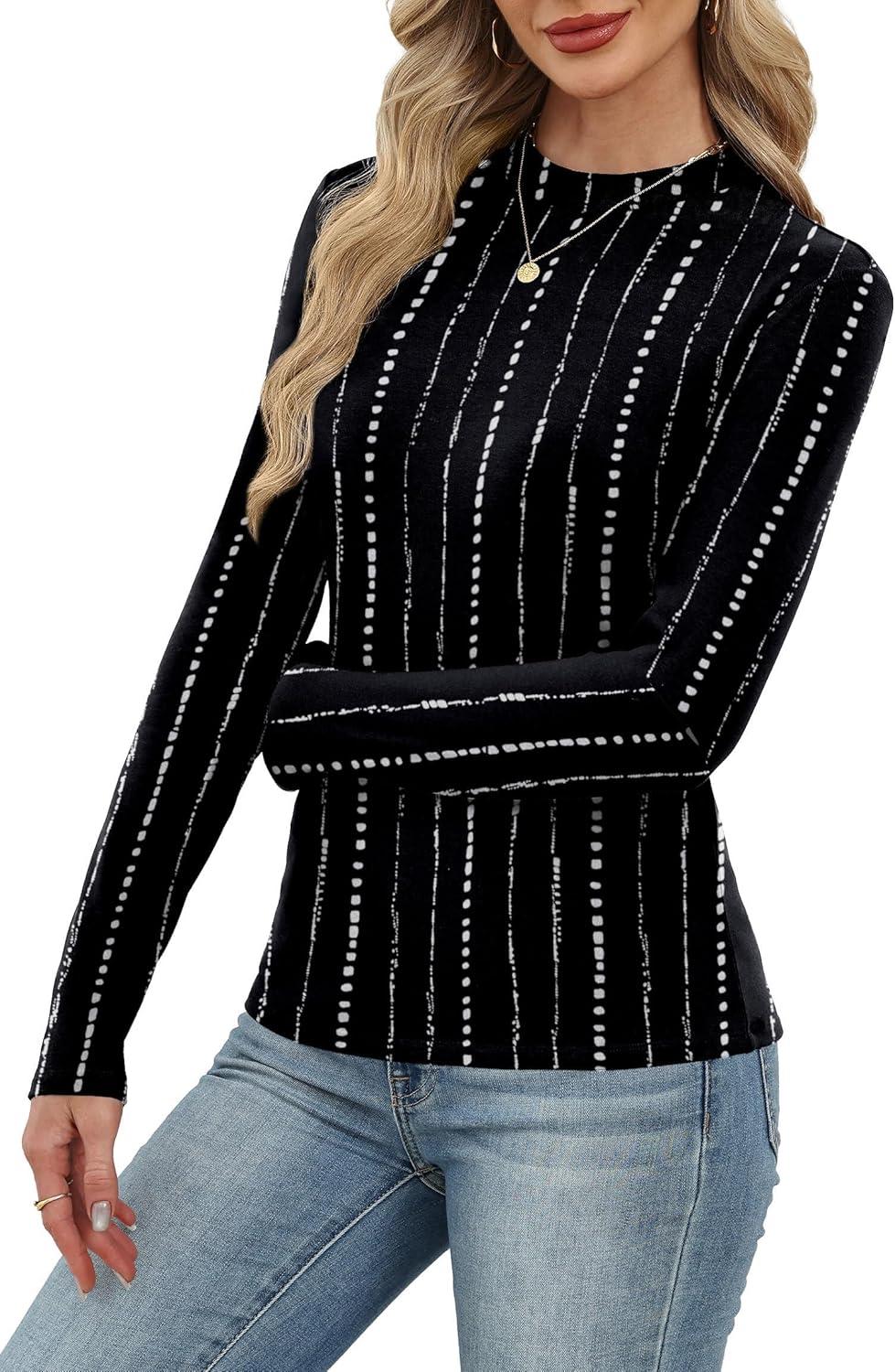 imageXIEERDUO Womens Long Sleeve Thermal Shirt Fleece Mock Neck Tops 2025 Fashion Slim FitFstripe B