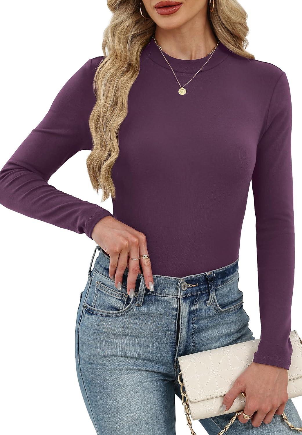 imageXIEERDUO Womens Long Sleeve Thermal Shirt Fleece Mock Neck Tops 2025 Fashion Slim FitPurple