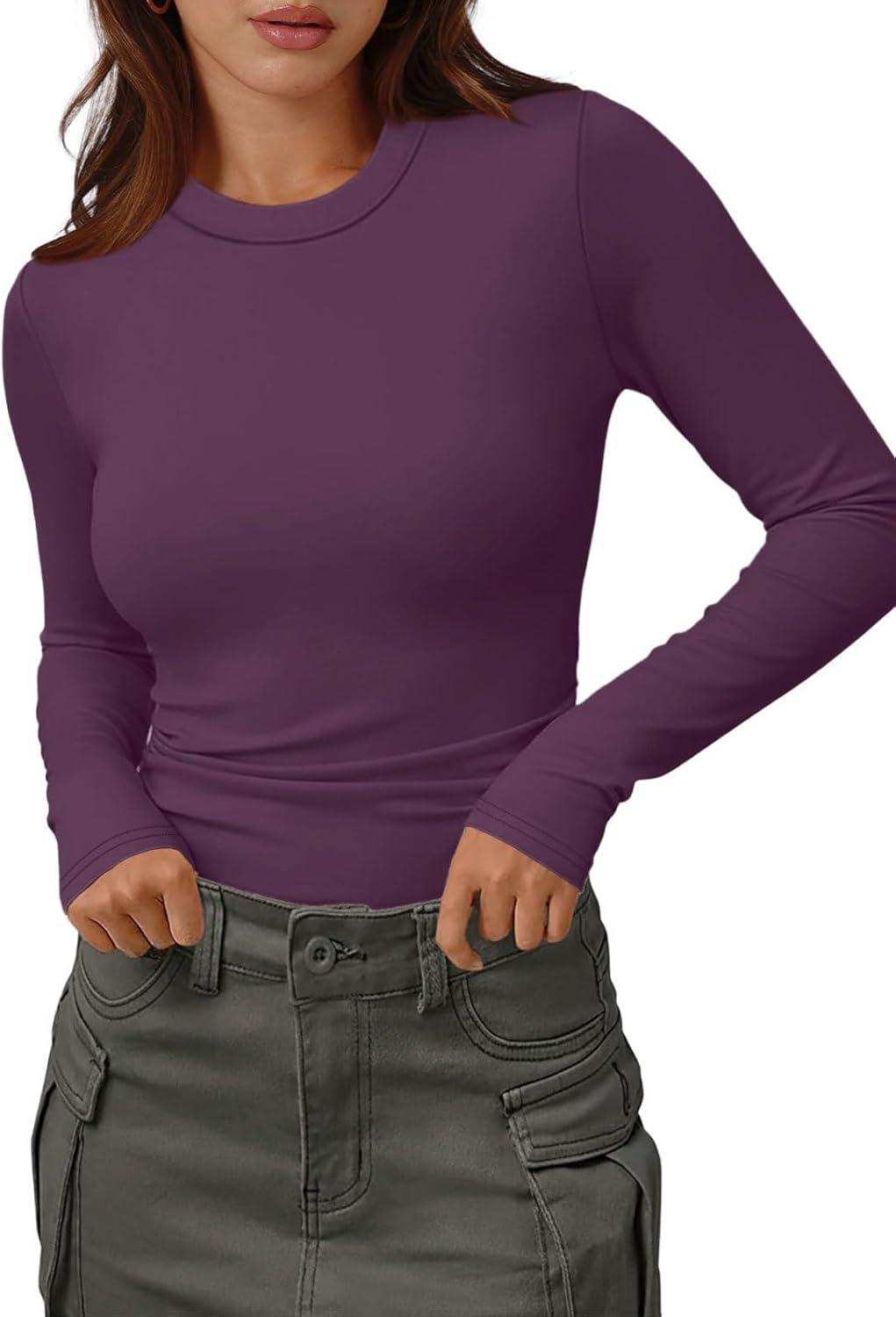 imageXIEERDUO Womens Long Sleeve Thermal Shirt Fleece Mock Neck Tops 2025 Fashion Slim FitPurple