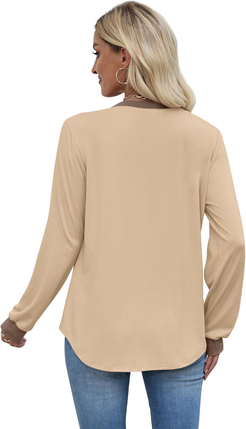 imageXIEERDUO Womens Long Sleeve Tops Color Block Casual Crewneck Tops Tshirt Basic Tee Fall Fashion Clothes Trendy OutfitsApricot