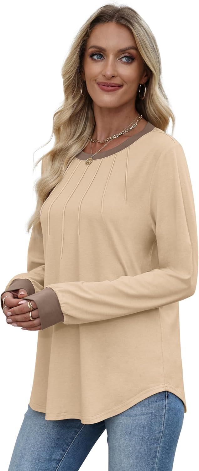 imageXIEERDUO Womens Long Sleeve Tops Color Block Casual Crewneck Tops Tshirt Basic Tee Fall Fashion Clothes Trendy OutfitsApricot