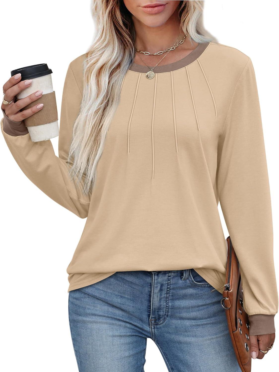 imageXIEERDUO Womens Long Sleeve Tops Color Block Casual Crewneck Tops Tshirt Basic Tee Fall Fashion Clothes Trendy OutfitsApricot