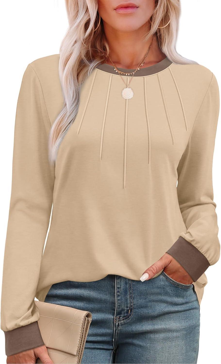 imageXIEERDUO Womens Long Sleeve Tops Color Block Casual Crewneck Tops Tshirt Basic Tee Fall Fashion Clothes Trendy OutfitsApricot