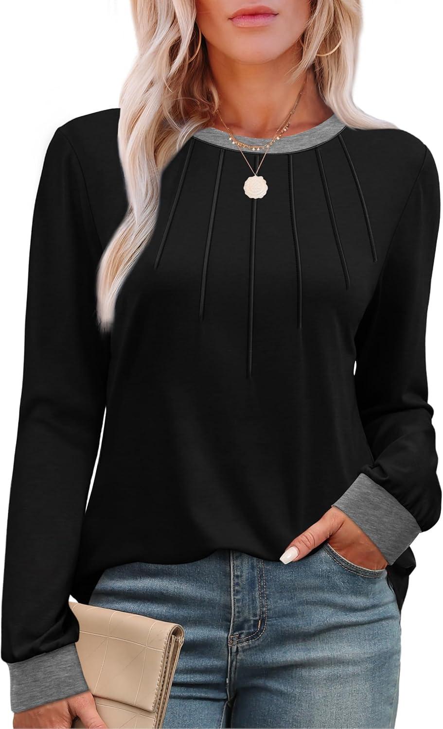 imageXIEERDUO Womens Long Sleeve Tops Color Block Casual Crewneck Tops Tshirt Basic Tee Fall Fashion Clothes Trendy OutfitsBlack