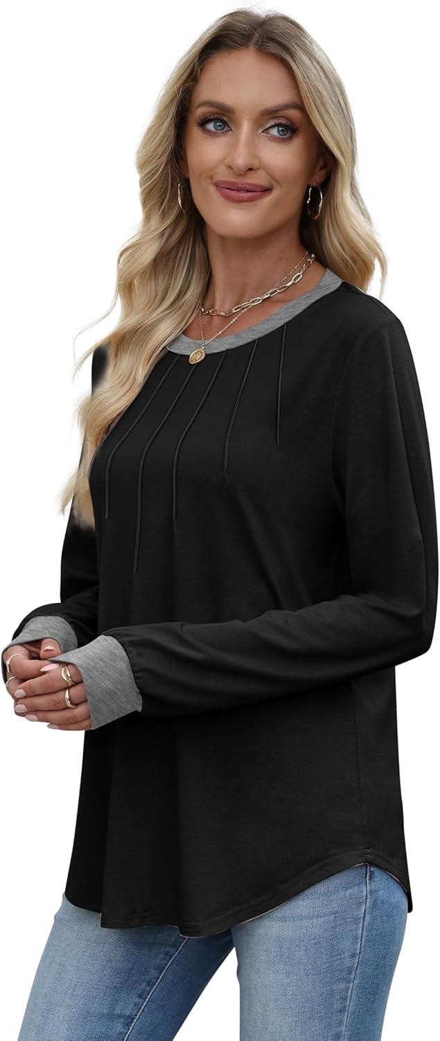 imageXIEERDUO Womens Long Sleeve Tops Color Block Casual Crewneck Tops Tshirt Basic Tee Fall Fashion Clothes Trendy OutfitsBlack