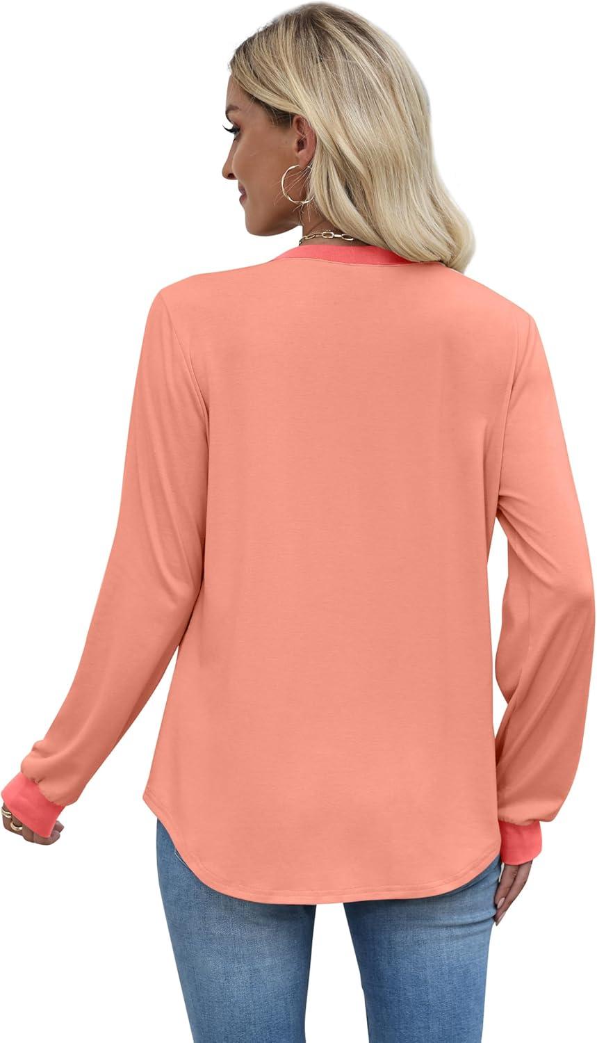 imageXIEERDUO Womens Long Sleeve Tops Color Block Casual Crewneck Tops Tshirt Basic Tee Fall Fashion Clothes Trendy OutfitsCoral
