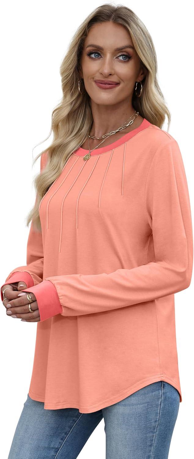 imageXIEERDUO Womens Long Sleeve Tops Color Block Casual Crewneck Tops Tshirt Basic Tee Fall Fashion Clothes Trendy OutfitsCoral
