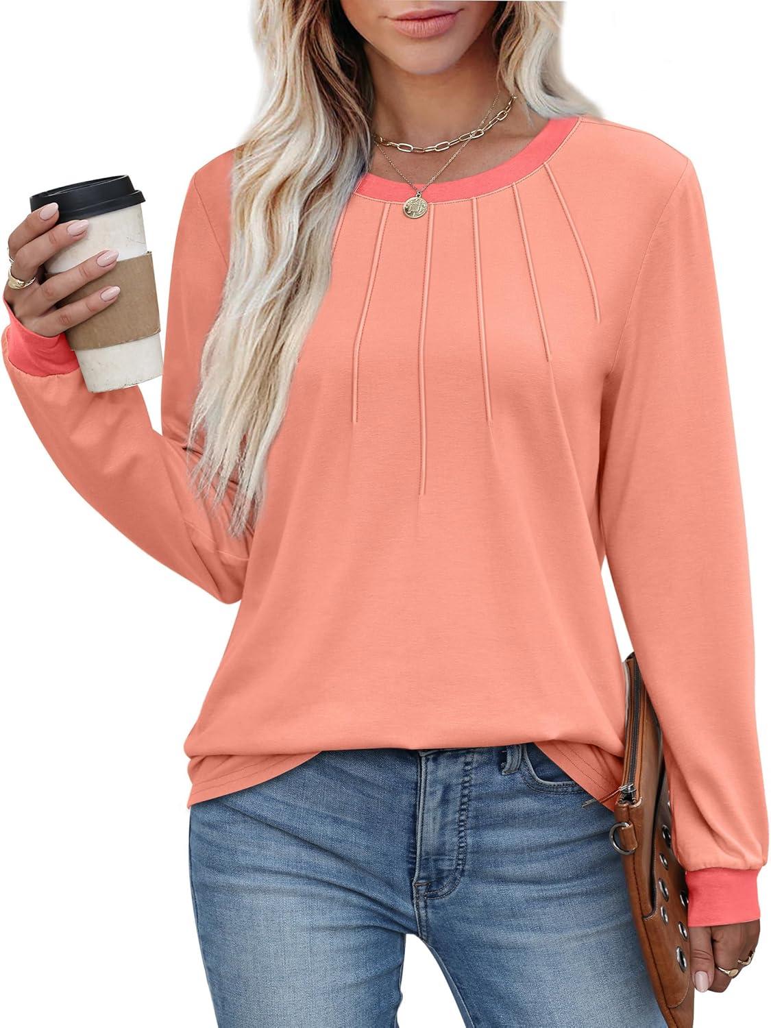 imageXIEERDUO Womens Long Sleeve Tops Color Block Casual Crewneck Tops Tshirt Basic Tee Fall Fashion Clothes Trendy OutfitsCoral