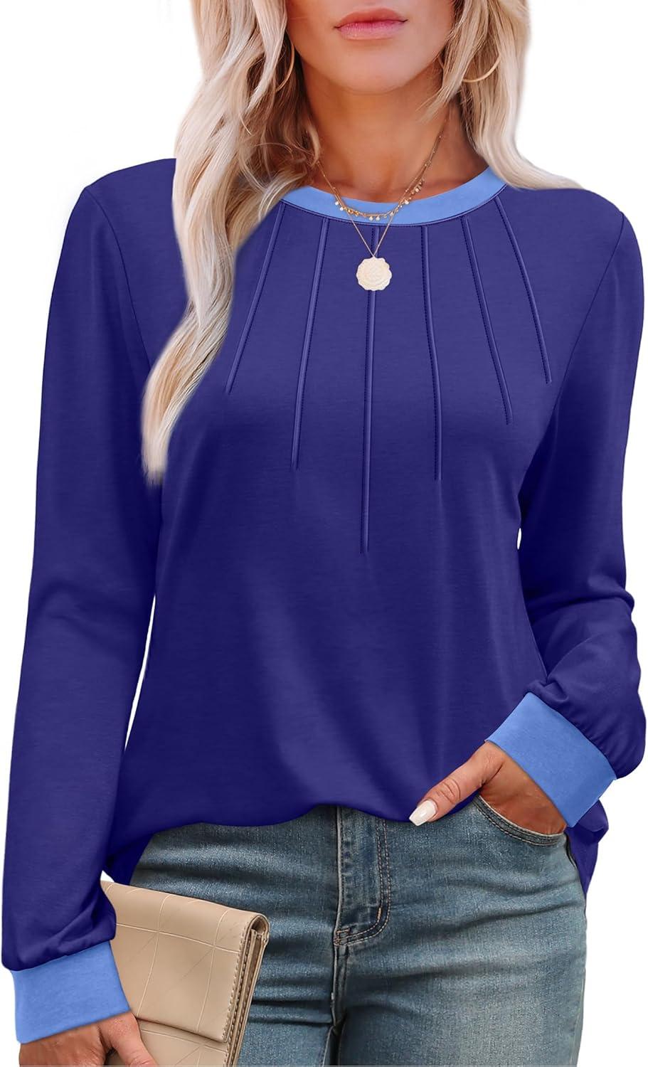 imageXIEERDUO Womens Long Sleeve Tops Color Block Casual Crewneck Tops Tshirt Basic Tee Fall Fashion Clothes Trendy OutfitsDark Blue