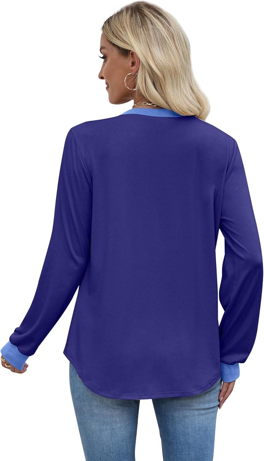 imageXIEERDUO Womens Long Sleeve Tops Color Block Casual Crewneck Tops Tshirt Basic Tee Fall Fashion Clothes Trendy OutfitsDark Blue
