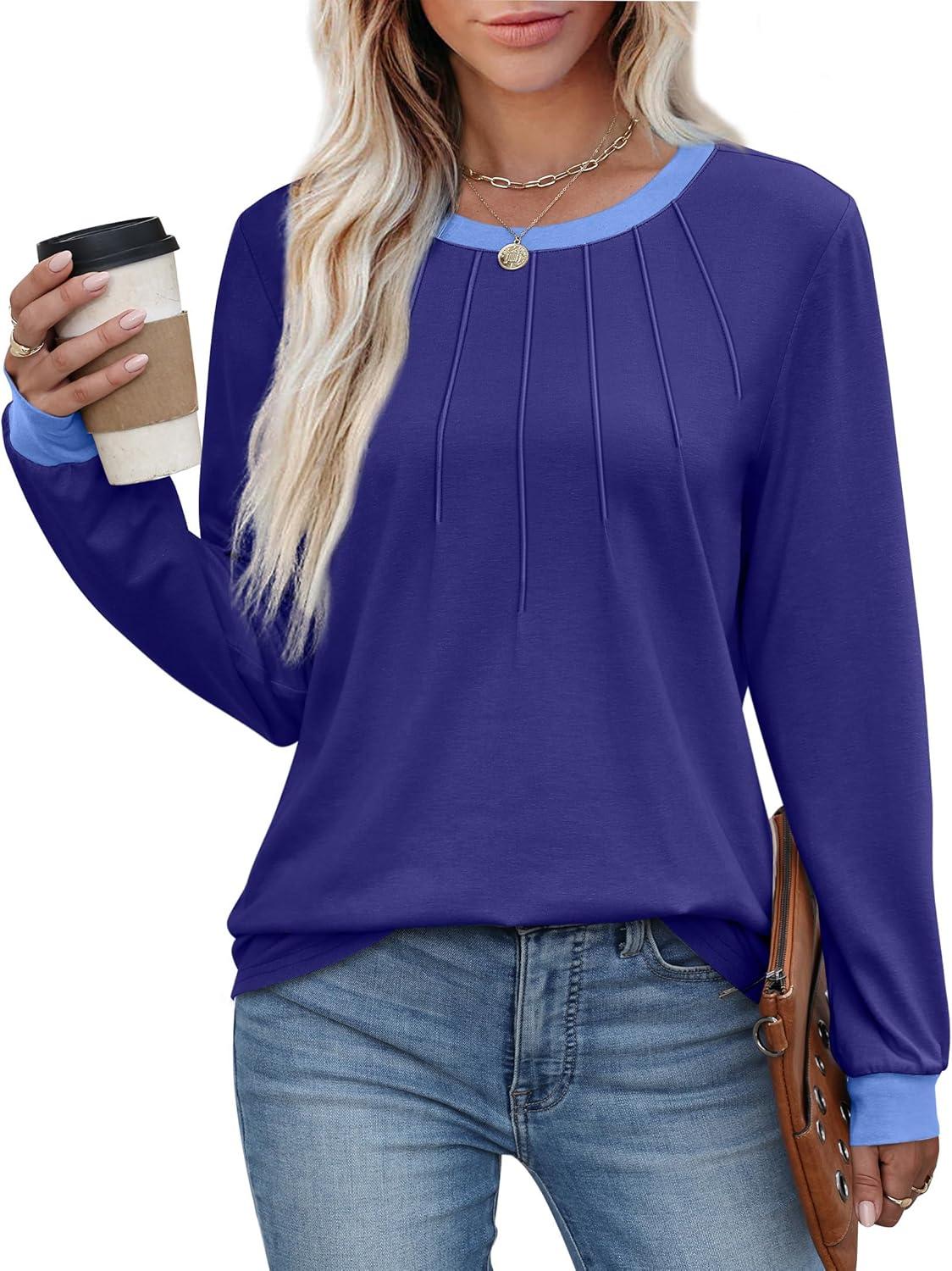 imageXIEERDUO Womens Long Sleeve Tops Color Block Casual Crewneck Tops Tshirt Basic Tee Fall Fashion Clothes Trendy OutfitsDark Blue