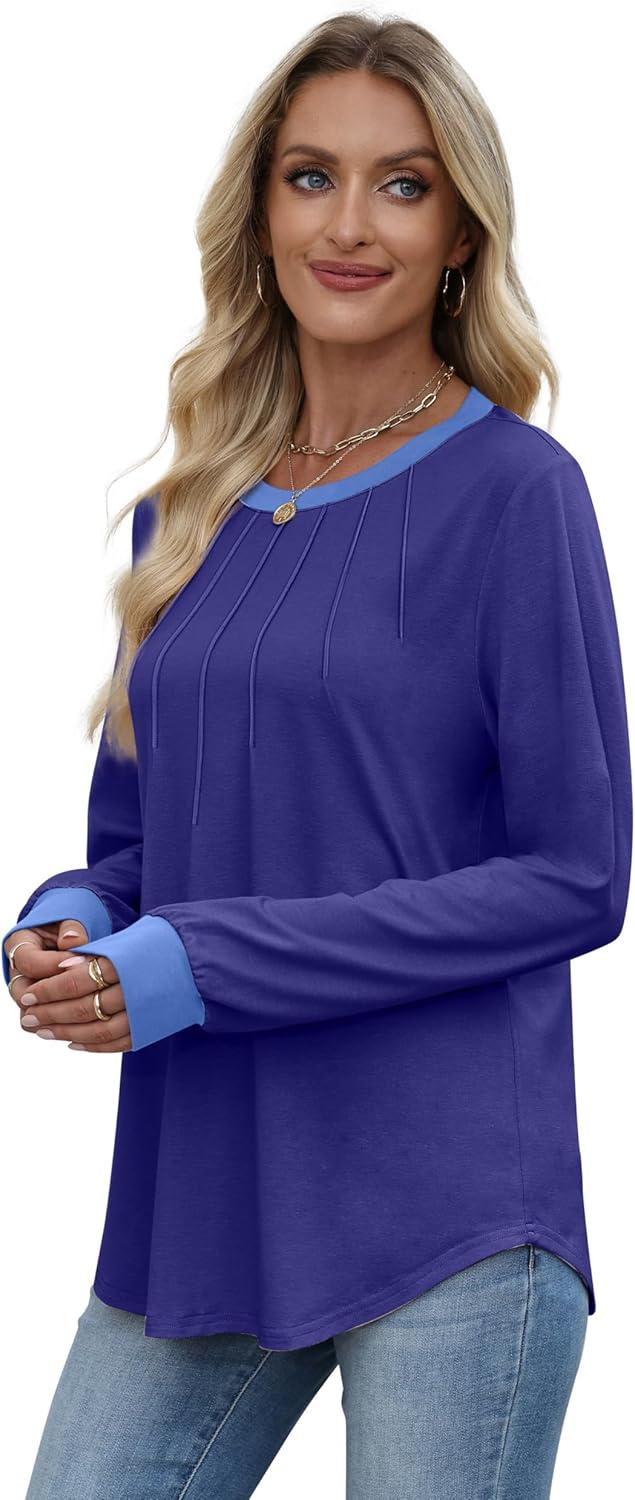 imageXIEERDUO Womens Long Sleeve Tops Color Block Casual Crewneck Tops Tshirt Basic Tee Fall Fashion Clothes Trendy OutfitsDark Blue