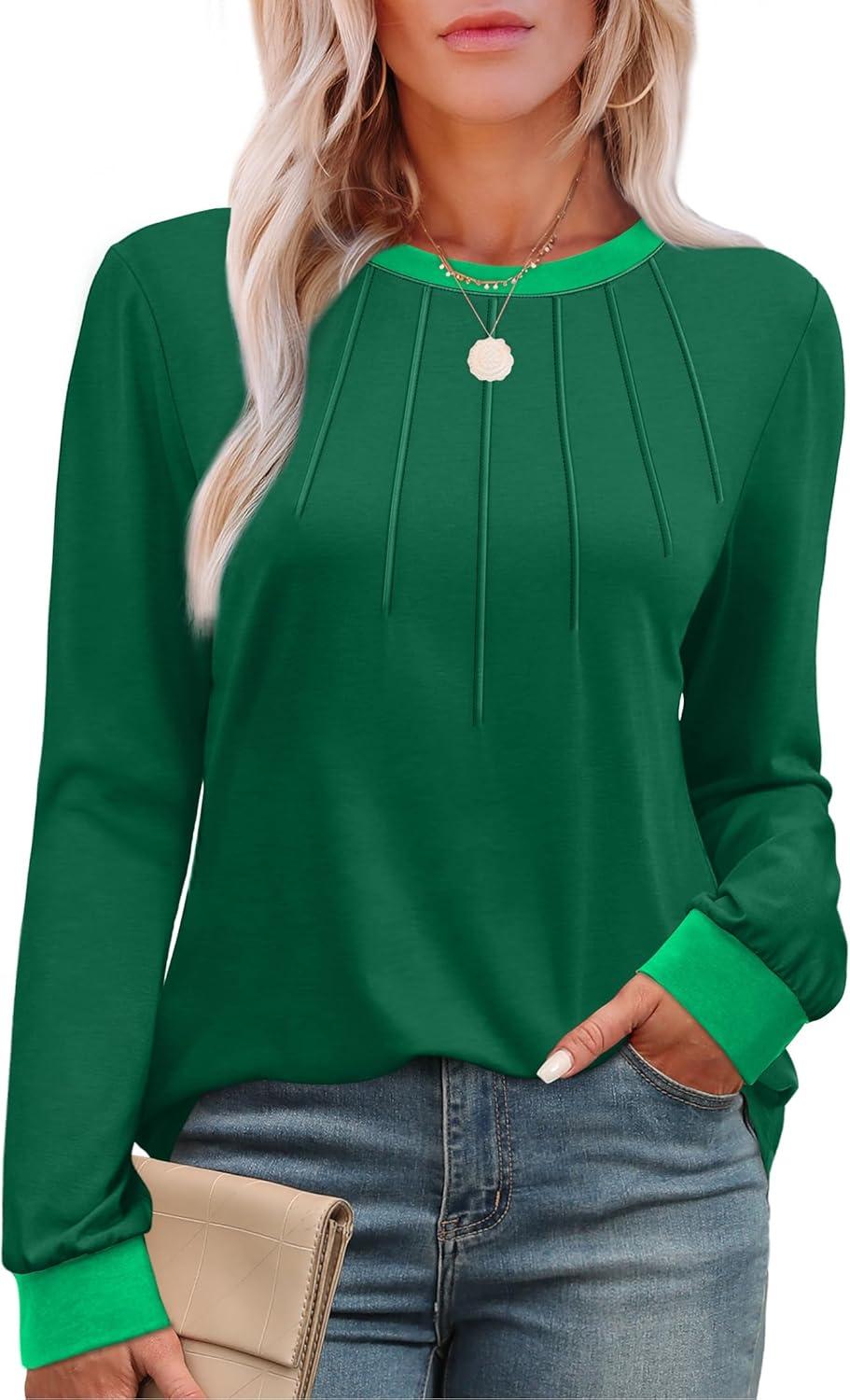 imageXIEERDUO Womens Long Sleeve Tops Color Block Casual Crewneck Tops Tshirt Basic Tee Fall Fashion Clothes Trendy OutfitsGreen